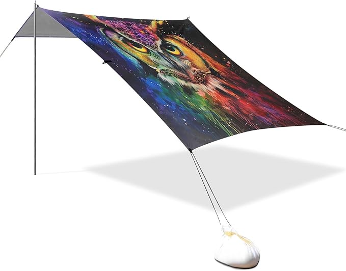 ALAZA Owl Portrait Rainbow Color Beach Tent Sun Shelter UPF50+ Protection Beach Shade Canopy w/ 4 Sandbags for Outdoor Camping Fishing Backyard Fun Picnic 10x9 ft