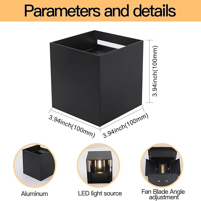 12W 2Pack Outdoor Wall Lights Exterior/InteriorLED Black Outdoor Wall Sconces Light Fixtures ModernIP65 Waterproof Square Aluminum Wall Lamps Up and Down Lights 3000K Warm Lights