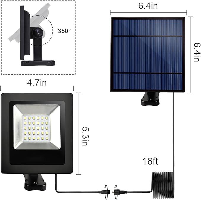 Solar Lights Dusk to Dawn 4400mAh Solar Powered Spotlight Waterproof Flood Light 6000K Lighting with 16FT Cord for Patio Flag Pole Fence White
