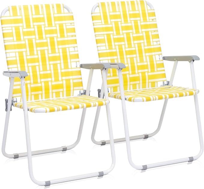 Folding Beach Chair2 Pcs Steel Tube Camping Chair for CampingBeachFishingPicnicYard Garden (Yellow&amp White)