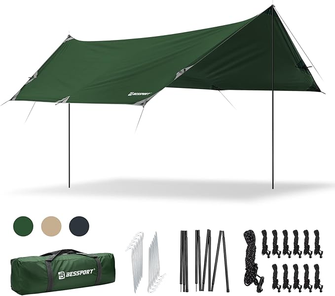 Bessport Camping Tarp 16×9.8FT with 2 Poles Lightweight Car Awning Sunshade Portable Multifunctional Backpacking PU 3000mm Waterproof Rain Fly Hammock Tarp for OutdoorTraveling Hilking