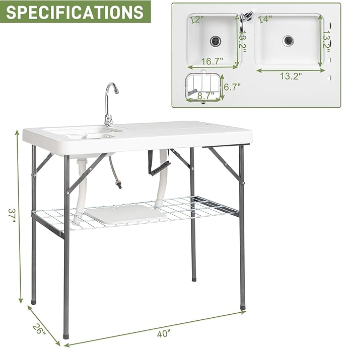40 Folding Fish Cleaning Camping Table w/Faucet &amp Sink Outdoor Portable Fillet Station w/Grid Frame Knife Groove Multifunctional Washing Table for Camping or Kitchen White