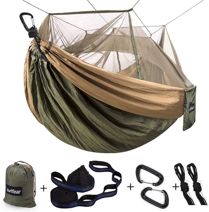 Sunyear Camping Hammock Portable Single &amp Double Hammock with Net 2 Person Hammock Tent with 2 * 10ft Straps Best for Outdoor Hiking Survival Travel
