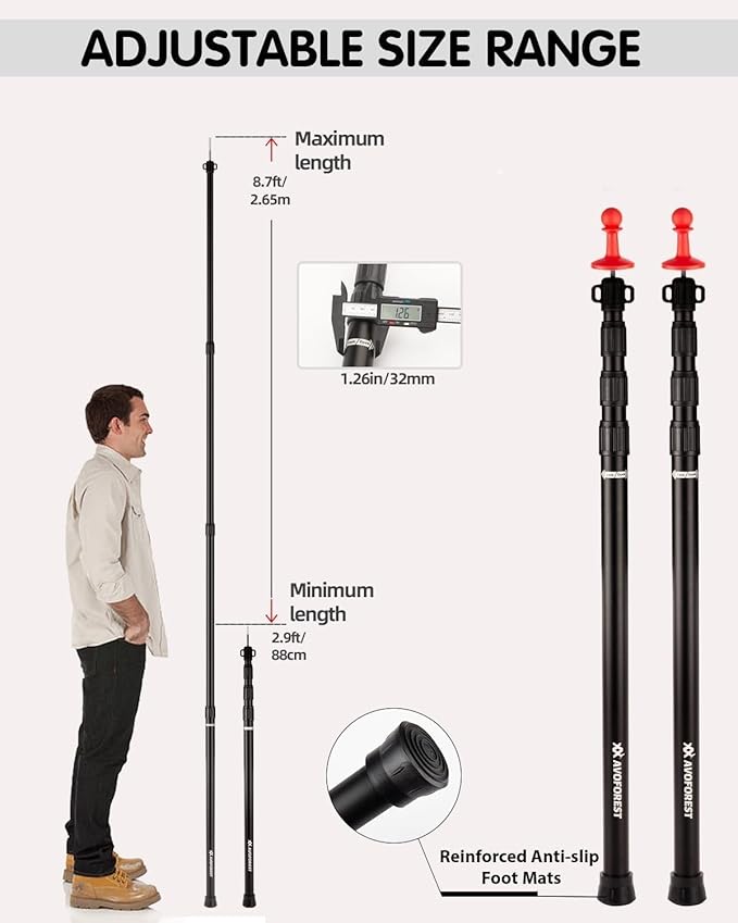 Tarp Poles Heavy Duty Adjustable AVOFOREST Aviation Aluminum 8.7FT Tent Poles Lengthen and Thicken with Protection Cap Awning Poles Set of 4 for Hiking
