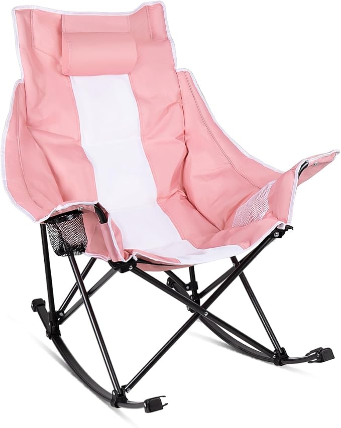 VITESSE Oversized Rocking Camping Chair Luxury Padded ReclinerOversized Folding Lawn Chair with Pocket and Carry BagOutdoor Camp Rocker Chairs for Adults Heavy Duty 300 LBS (Pink)