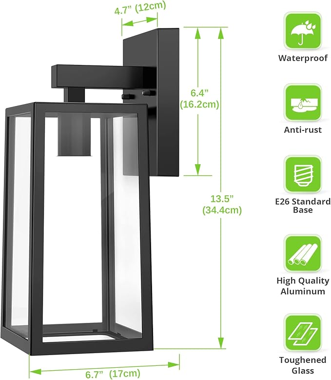 MAXvolador Outdoor Wall Sconce Large Exterior Waterproof Wall Lantern Light Fixture Black Porch Lights Glass Anti-Rust E26 Patio Lighting 2 Pack