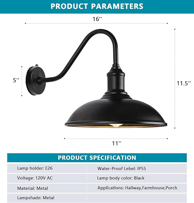 11 Inch Outdoor Barn Gooseneck Lights from Dusk to Dawn Waterproof and Rust Resistant Classic Farmhouse Barn Lights Gooseneck Lights for Garage Patio and Porch