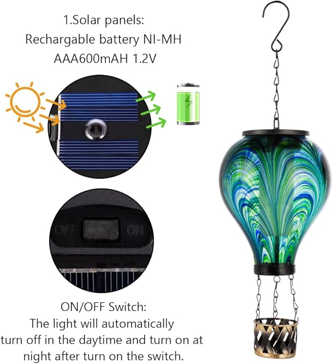 Starsoul Hot Air Balloon Solar Lantern Flickering Flame Light Tie-Dye Style Glass Solar Powered Hot Air Balloon Lamp Hanging Outdoor Lantern Waterproof Decor for Patio Garden Porch