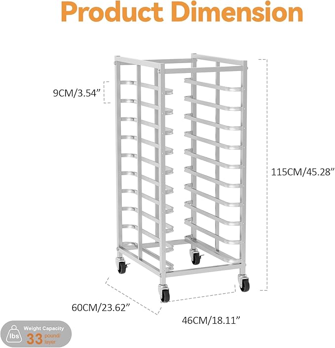 10 Tier Bakers Rack with Wheels Pan Rack Stainless Steel Baking Sheet Pan Cart for Half &amp Full Size Commercial Speed Rack with Brake Casters for Kitchen Bakery Restaurant (10)