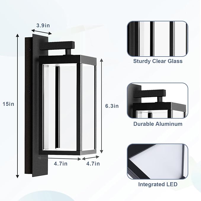 Outdoor Wall Sconce Lights LED Wall Mount Lantern Waterproof Exterior Wall Light Fixtures with Clear Glass Shade Aluminum Matte Black Lamps for Porch Entryway Doorway Garage Garden Yard