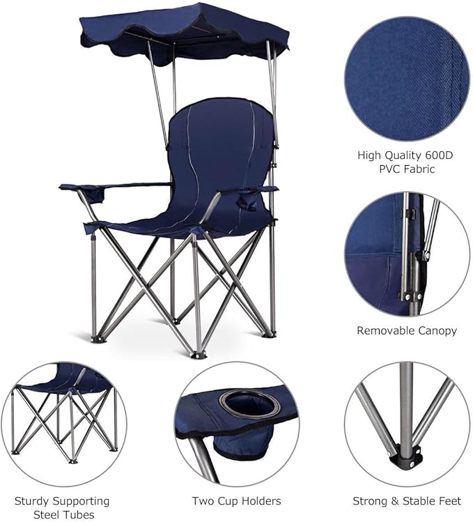 COSTWAY Portable Camping Chair with Canopy Outdoor Lawn Chair with Shade Carry Bag Cup Holder for Travel Picnic Beach (Blue)
