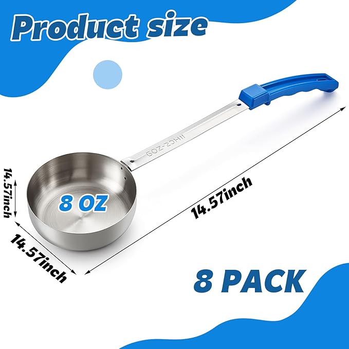 8 Pcs 8oz Portion Control Serving Spoons Unslotted Portion Scoops for Food with Blue Handle Stainless Steel Serving Utensils Set for Restaurant/Weight Loss/Baking