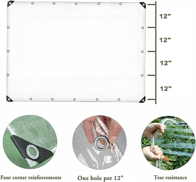 Clear Tarps 8x10ft Heavy Duty Waterproof PVC Patio Plastic Tarpaulin Cover with Grommets12 Mil Thickened Tear Resistant Outdoor Rainproof TarpsHole spacing 12'' for Covering Henhouse Plant