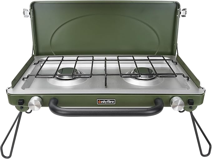 ONLYFIRE OUTDOOR LIVING Portable Camping Gas Stove 2-Burner Propane Camp Stove with Foldable Legs Heavy-Duty Latch &amp Handle for Patio Cooking Camping Tailgating RV BBQ Green GS331