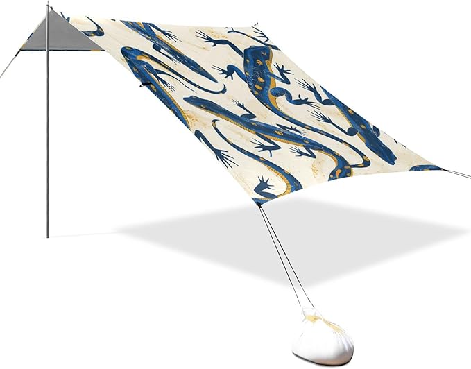 Lizard Pattern Beach Tent Sun Shelter 9.2' x 10.5' Beach Canopy with 4 Sandbags 4 Stability Poles Sand Shovels - Tent Canopy for Beach Camping Fishing Picnics