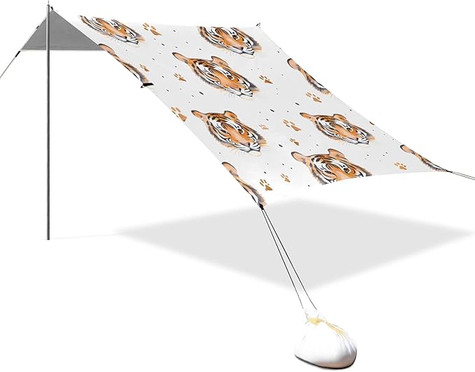White Background Tiger Faces Paw Prints Pattern Camping Sun Shelter Beach Tent Portable Beach Sun Shade Outdoor Canopy for Camping Trips Fishing Picnic