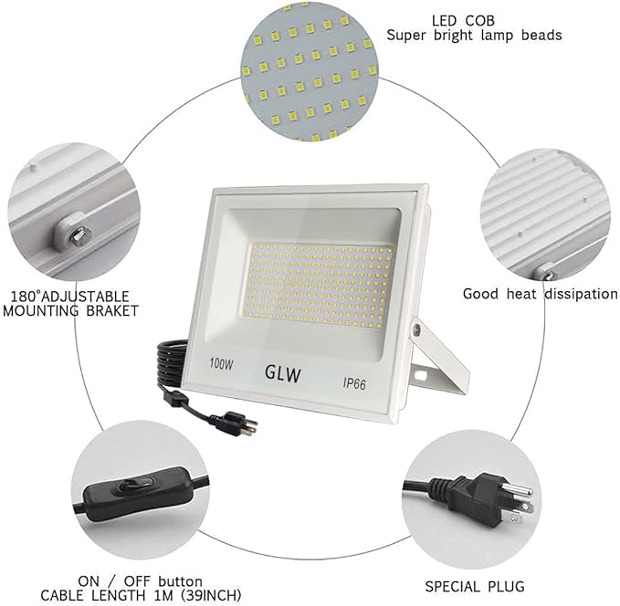 3 Pack 100W LED Flood Light Outdoor10000LM Super Bright Exterior Security Lights6000K Daylight White Work LightIP66 Waterproof Outside Floodlights Lighting for Backyard Yard Stadium House