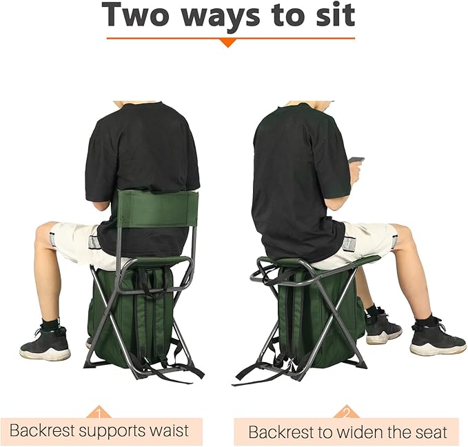 Portal Backpack Cooler Chair Fishing Chairs with Backrest Folding Camping Stool Compact for Outdoors Hiking Hunting Travel Supports 225 lbs Capacity