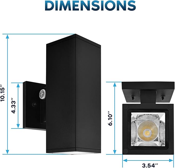 LUXRITE Dusk to Dawn LED Modern Outdoor Wall Light 10 Up or Up and Down Light 3CCT 3000K-5000K Waterproof Square Wall Sconce 15/20/24W Dimmable IP65 ETL Black - Exterior Porch Patio Garage