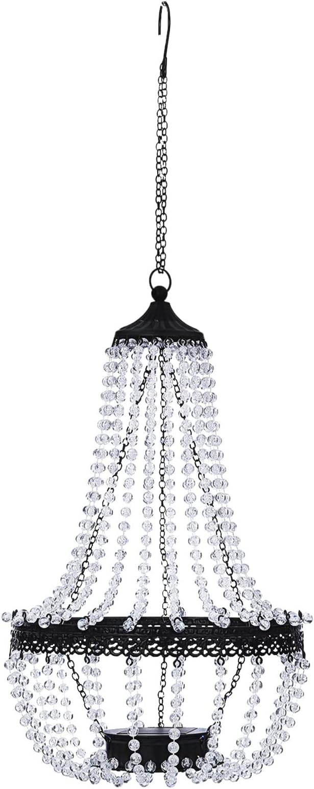 Hanging Solar Lantern Outdoor 28” Modern Clear Crystal Acrylic Chandelier with 30 Cool White Lights S Hook for Garden Yard Patio Gazebo Decorations