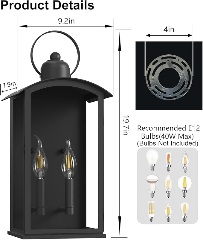 𝟏𝟗.𝟕-𝐈𝐍𝐂𝐇 Outdoor Wall Light Fixtures Dusk to Dawn Exterior Lanterns Waterproof Large Porch Sconces Wall Mounted Lighting Modern Matte Black Front Open Window Wall Lamps for Patio