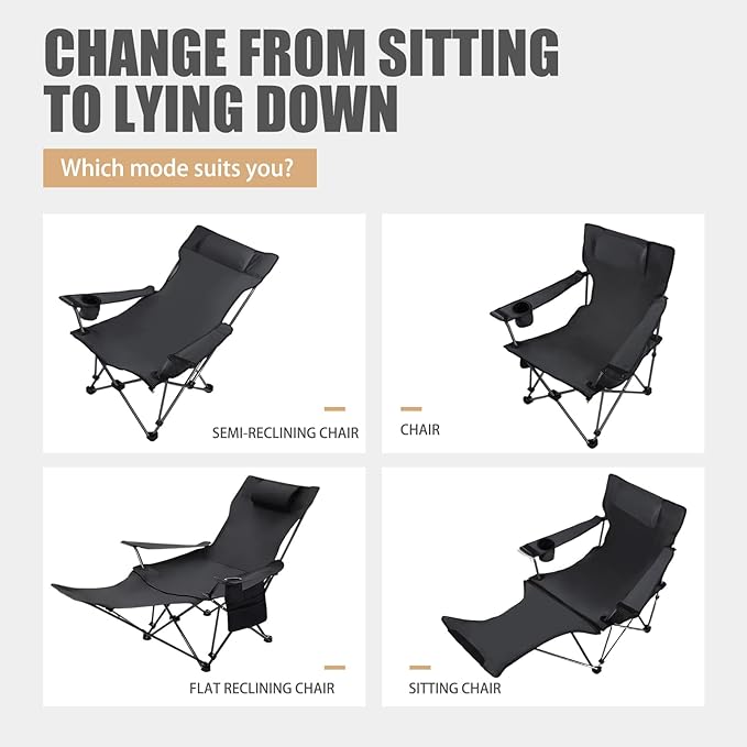 Reclining Camping Chair with Removable Footrest Adjustable Camping Lounge Beach Chair with Padded Headrest Cup Holder &amp Carry Bag Camp Chair with Foot Rest Lawn Chairs for Camp FishingOffice