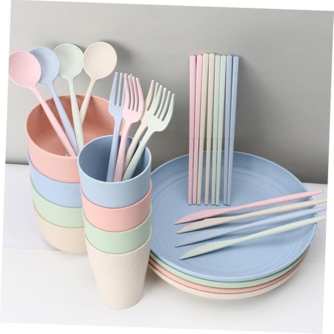 ABOOFAN 28-Piece Wheat Straw Cutlery Set Bowls Plates Cups Forks Spoons and Chopsticks Lightweight Dishwasher Safe Tableware for Home and Camping