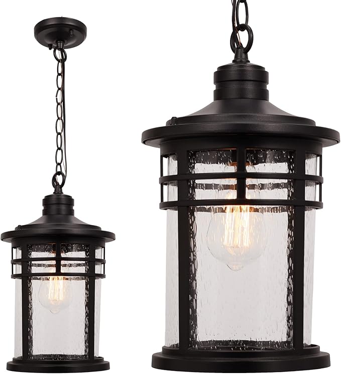 Darkaway Large Outdoor Pendant Lights 15inch Outdoor Chandelier Hanging Porch Lights Outside Ceiling Mount Aluminum with Seeded Glass for Front Door Gazebo Patio (Large Black)