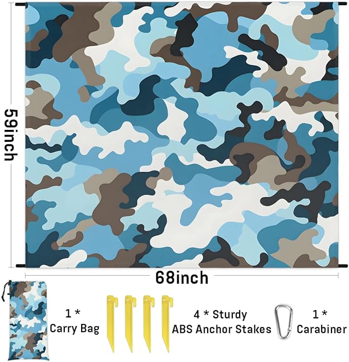 Waterproof Sandproof Beach Blanket 59''×68'' Camouflage Polyester Outdoor Picnic Blanket with 4 Stakes &amp Storage Bag for BeachCampingVacation Light Blue