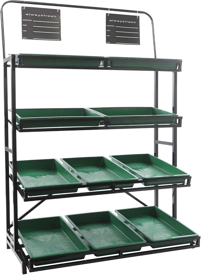 4 Tier Supermarket Fruit Vegetable Storage Rack Retail Display Rack Market Shelf with 10 Slanted Baskets &amp 2 Product Labels Floor Standing Metal Fruit Vegetable Snacks Display Shelf Organizer