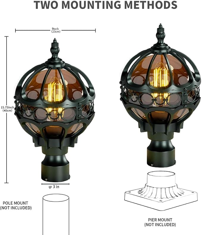 2 Pack Outdoor Globe Lamp Post Light Fixtures 15.8 Green Sphere Post Top Lantern for Patio Porch Driveway Hardwired Anti-Rust Aluminum Pillar Light with Amber Glass Fits Standard 3 Post