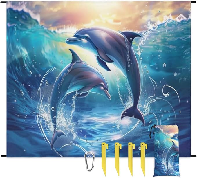 Ocean Dolphins Beach Blanket Waterproof Sandproof Sea Dolphins Extra Large Beach Mat Sand Free Quick Drying Lightweight Durable Outdoor Picnic Blanket for Travel Camping Hiking