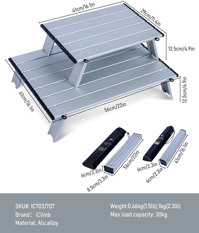 iClimb Ultralight Compact Mini Beach Picnic Folding Alu. Table with Carry Bag Two Size (Silver - S)