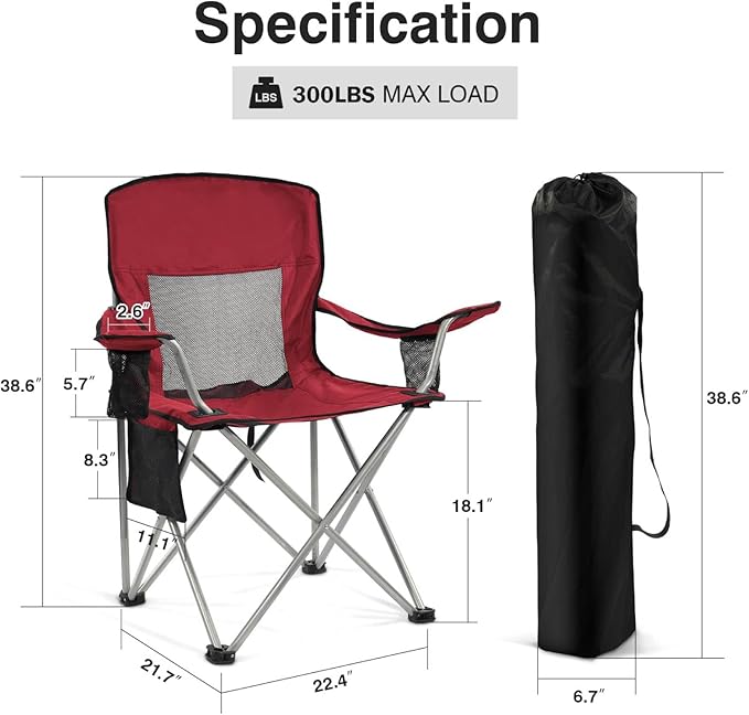 Simple Deluxe Outdoor Foldable Camping Chair with 300lbs Capacity and Sturdy Material Outdoor Camping Chair with Cup Holder &amp Carrying Bag Suitable for Sports Beaches and Camping Red