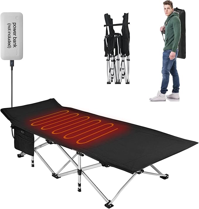 BESTHLS Heated Camping Cot for Adult 600D Oxford Portable Sturdy Sleeping Cot with Carry Bag Portable Cots for for Home Office Nap Beach Travel Black