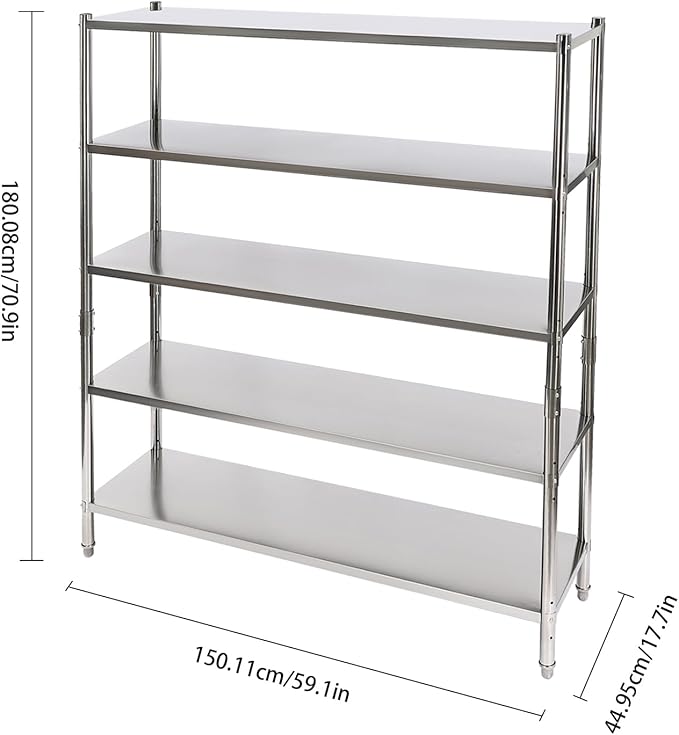 Stainless Steel Shelving 5 Tier Utility Bakers Racks Adjustable Shelf Storage Heavy Duty Shelving for Kitchen Commercial Office Garage Storage Laundry Room Organization (5-Tier 60*18*71in)