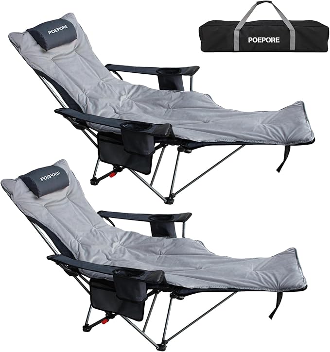 Reclining Camping Chair with Removable Footrest Lounge Chair with Headrest Cotton Cushion Portable Adjustable Folding Chairs