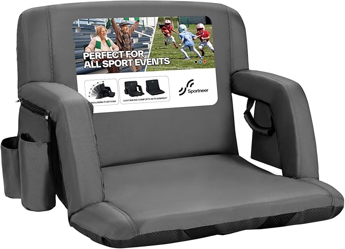 Sportneer Stadium Seats with Back Support: 2.5'' Thick Comfy Cushion 6 Adjustable Angle Bleacher Seat with Armrest - 2 Large Pockets 2 Cup Holders Stadium Chair for Sport Events Concerts Parks