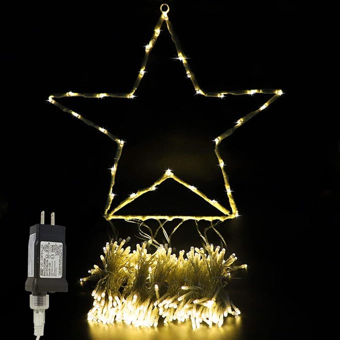 Christmas Decoration Star Lights Outdoor 320 LED 16.4Ft Christmas Tree Toppers String Lights [8 Modes&amp Waterproof] for Halloween Christmas New Year Holiday Birthday (Iron-Warm White)