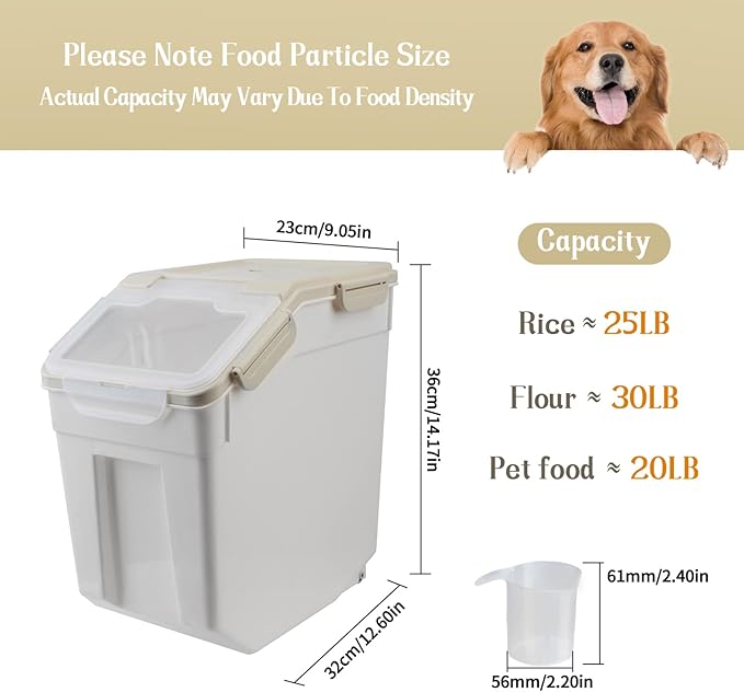 Large Flour Storage Container Bin 25lb 2Pack Airtight Rice Storage Containers with Wheels Seal Locking Lid BPA Free with Measuring Cup&ampScoop for Flour Rice Grain(Gray)