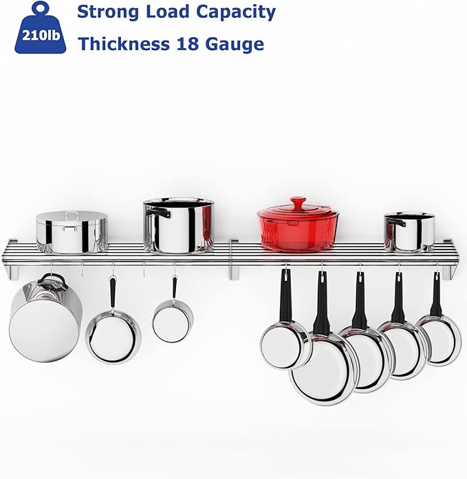 Floating Shelves for Wall NSF Commercial Wall Shelf 12 x 60 Shelf Pot Rack with Backsplash &amp 10 Hooks Stainless Steel Floating Shelves for Hanging Pots Pans Cookware