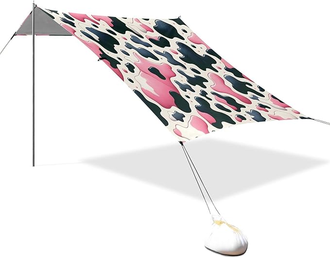 ALAZA Pink &amp Black Cow Prints Beach Tent Sun Shelter UPF50+ Protection Beach Shade Canopy w/ 4 Sandbags for Outdoor Camping Fishing Backyard Fun Picnic 10x9 ft