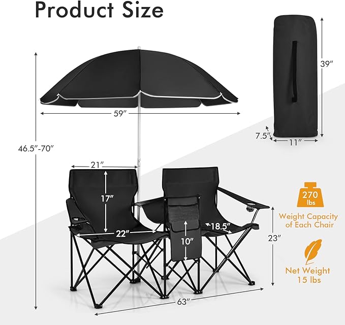 Double Camping Chair 2-Person Portable Beach Chair w/Removable Umbrella Cup Holders &amp Carrying Bag Folding Loveseat Chairs for Adults Outdoor Picnic (Black)