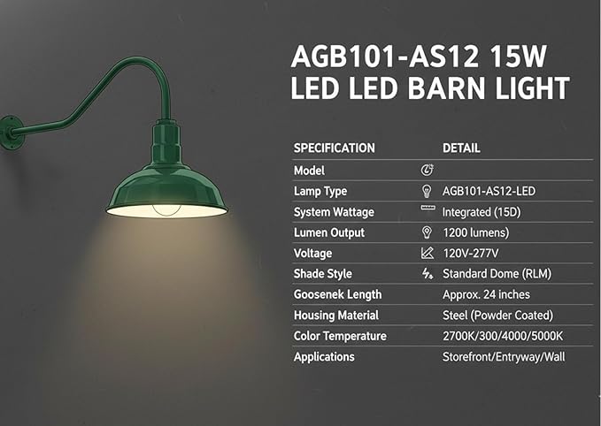 AGB101-AS12 15W LED - 12 Barn Light with Gooseneck Arm | Outdoor LED Lights Classic Floodlight Design for Barn Lights Outdoor Durable Metal Construction Energy-Efficient