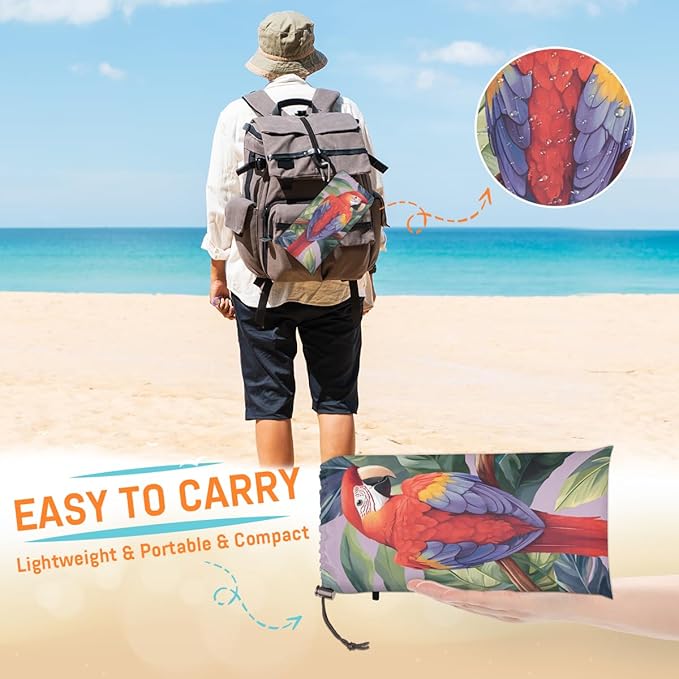 Waterproof Sandproof Beach Blanket 59''×68'' Macaw Parrot Polyester Outdoor Picnic Blanket with 4 Stakes &amp Storage Bag for BeachCampingVacation Fuchsia