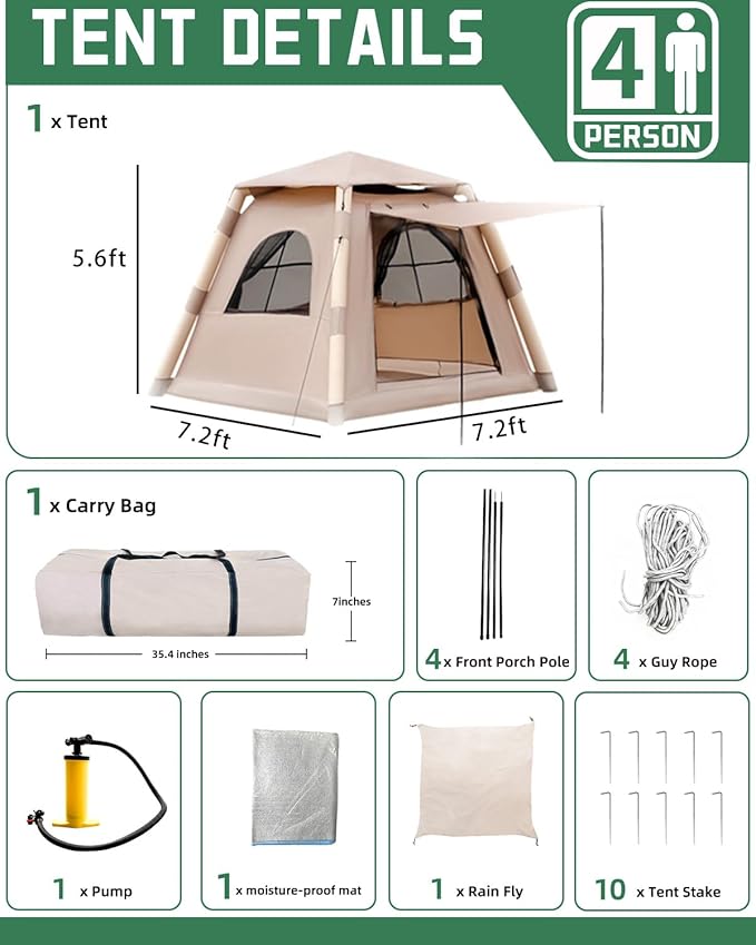 Inflatable Camping Tent for 4 Person – Waterproof Air Tent Easy Setup Family Tent for Outdoor Camping Hiking &amp Travel