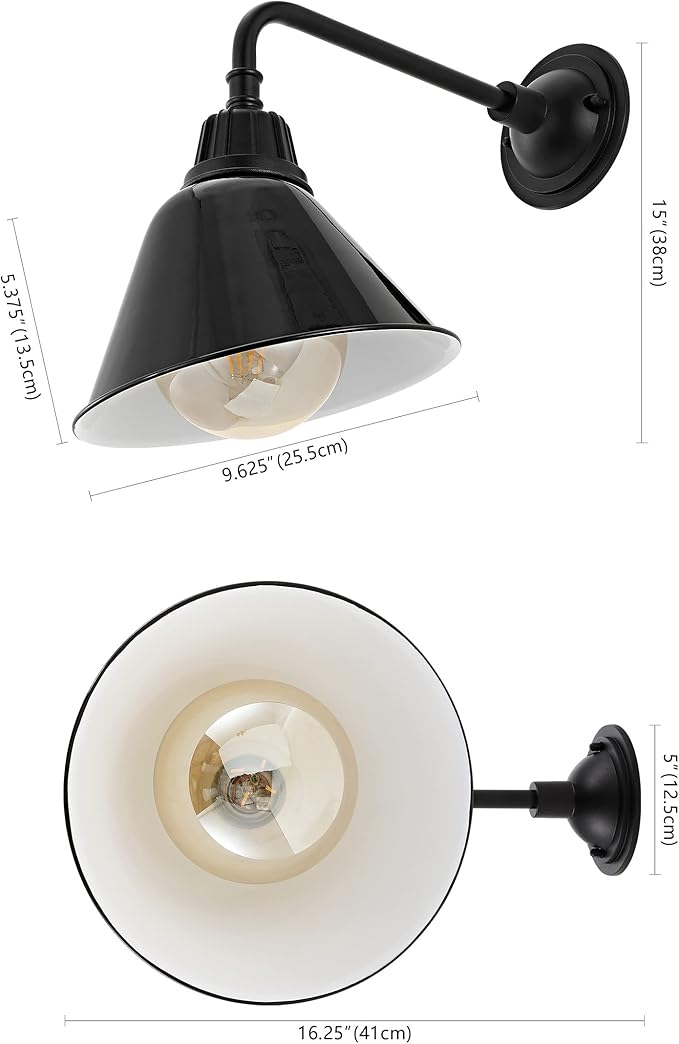 JONATHAN Y 9.63 Black 1-Light Farmhouse Outdoor Sconce Industrial LED Wall Light Gooseneck Arm Barn Lamp with Metal Bell Shade for Porch Patio Kitchen LED Bulb Included (JYL7612B)