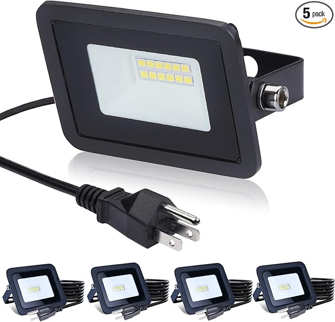 MIWAT 5Pack 10W Daylight LED Flood Light Outdoor LED Work Light Plug and Play Waterproof Outdoor Floodlights for Yard Garden Playground 3x2