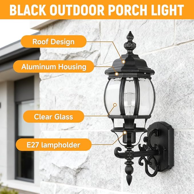 Hoteche Outdoor Wall Lantern – Aluminum Exterior Wall Light Fixture for Porch Patio Garage – E27 Socket 60W Max Weatherproof Sconce (Bulb Not Included)