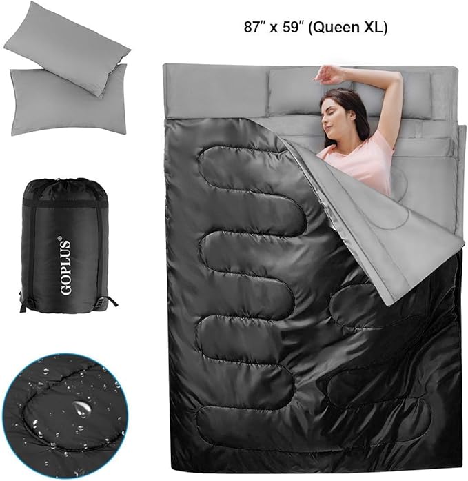 Goplus Double Sleeping Bag for Adults Kids Queen Size XL 2 Person Cold Warm Weather 4 Season Water-Proof Lightweight Sleeping Bags w/2 Pillows Compression Sack Ideal for Camping Backpacking Hiking